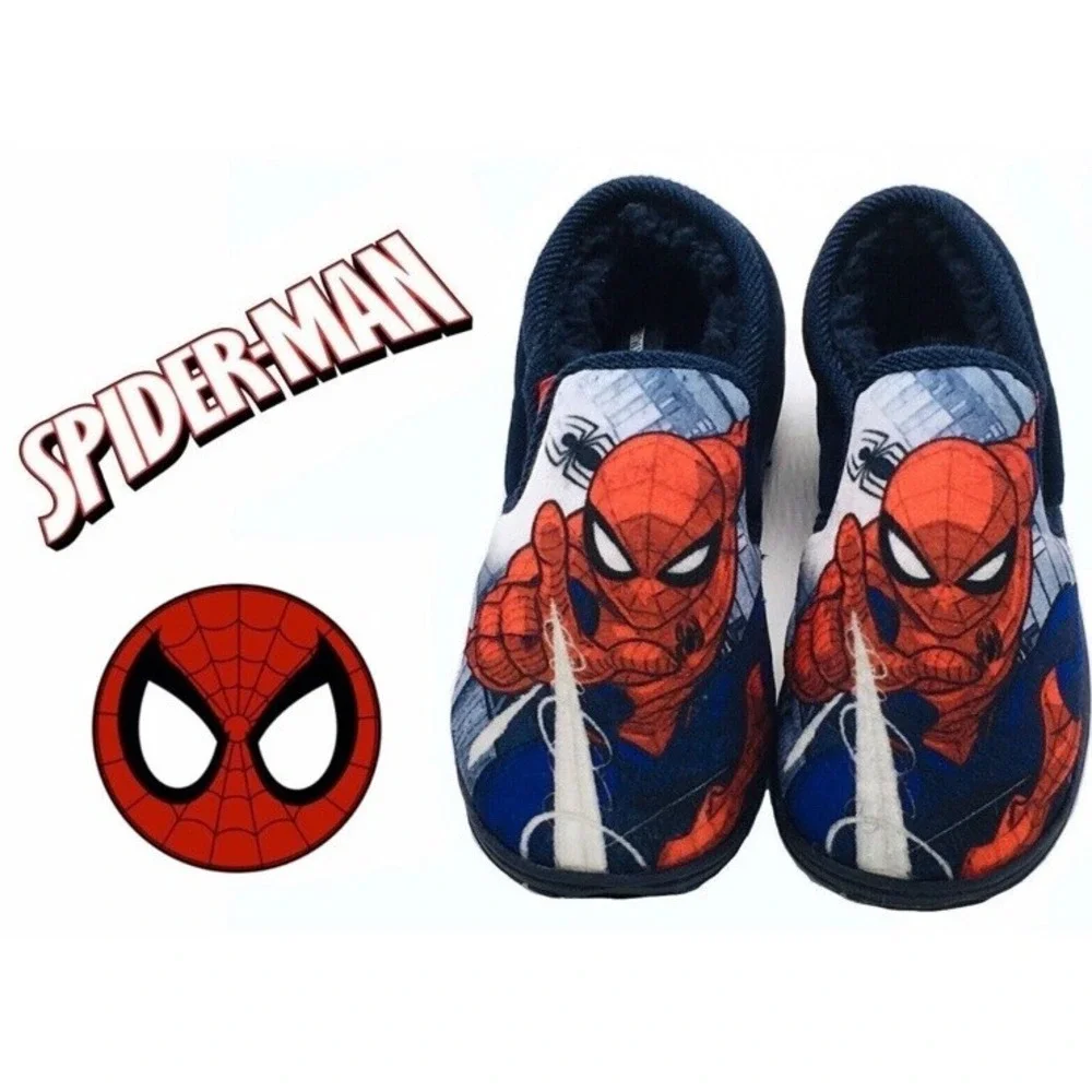 Boys Spiderman Slippers Marvel‎ Slip On Kids Size 8 Fleece Insole Navy Spidey